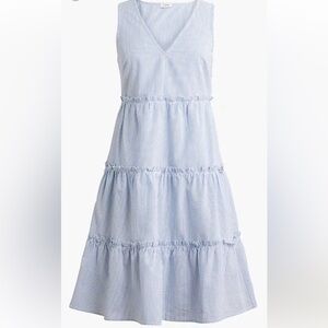 J. Crew Blue and White Striped Sleeveless V-Neck Tiered Dress